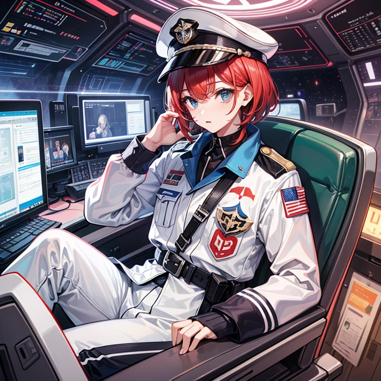 (((masterpiece、Highest image quality、highest quality、highly detailed unity 8kwallpaper)))、(Illustration of one woman)、30 years old、(Viceroy)、((Red-haired shorthair))、(Thin hair hanging down both sides of the face)、blue eyes、((tall))、((Muscle Woman、stocky build、muscular legs、broad shoulders、solid chest))、((Military uniforms))、((Military Cap))、((Military coat))、(white clothes)、(White pants)、(white hat)、trench coat、、(((manspreading、Sitting in the captain's seat)))、(((Inside a futuristic spaceship、Surrounded by instruments and monitors、The Universe on the Monitor、Earth seen from space)))