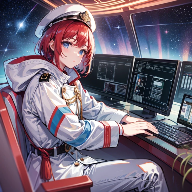 （（（masterpiece、Highest image quality、highest quality、highly detailed unity 8ｋwallpaper）））、（Illustration of one woman）、30 years old、（Viceroy）、（（Red-haired shorthair））、（Thin hair hanging down both sides of the face）、blue eyes、（（tall））、（（Muscle Woman、stocky build、muscular legs、broad shoulders、solid chest））、（（Military uniforms））、（（Military Cap））、（（Military coat））、（white clothes）、（White pants）、（white hat）、trench coat、、（（（manspreading、Sitting in the captain's seat）））、（（（Inside a futuristic spaceship、Surrounded by instruments and monitors、The Universe on the Monitor、Earth seen from space）））