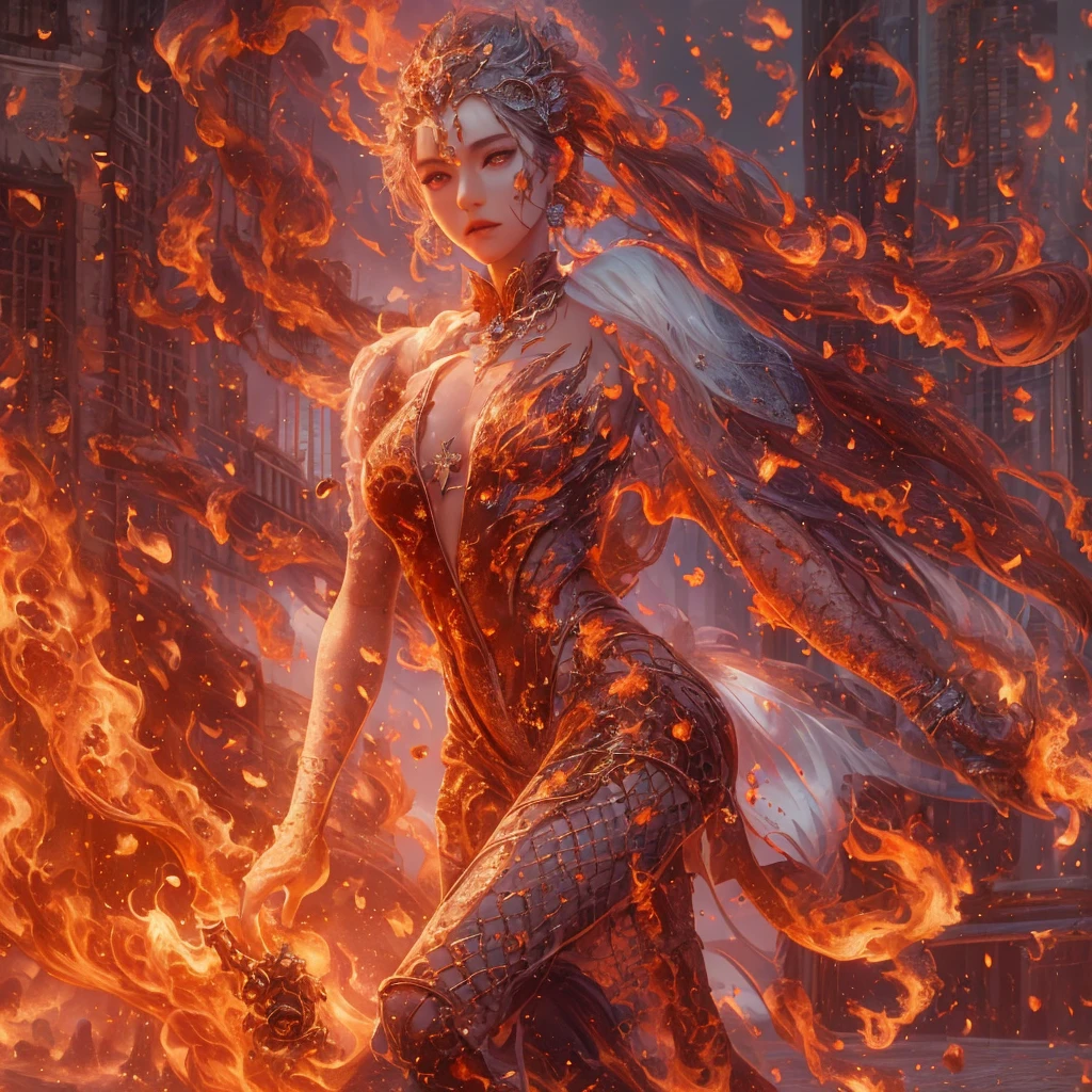 photo of pretty woman, ( fire dress, burning, she has fire, controlling fire:1.2), full body, slim abs ,shiny skin ,ultra-detailed face, detailed eyes, lustrous lips ,subtle smile, red tones, realistic style with fantasy elements , charming realistic characters, (Surrealism, complex background:1.1) (official art, unity 8k wallpaper, ultra detailed, beautiful and aesthetic, masterpiece ,best quality:1.3)fire Ice(style)