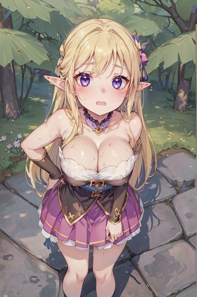 (elfgirl:1.1), purple eyes, 1girl, masterpiece, professionally drawn, from above, (huge breasts), (cleavage sweat), (anime drawing:1.1), (simple bold lines: 1.1), (anime:1.1), (very cute anime girl), (bright), (low contrast), (prettiest age girl), (mature face: 1.4), (tall girl with big breasts: 1.2), (looking at another: 1.2), (yuri:1.4), (long straight bright blonde hair: 1.1), muscular, exclamation mark