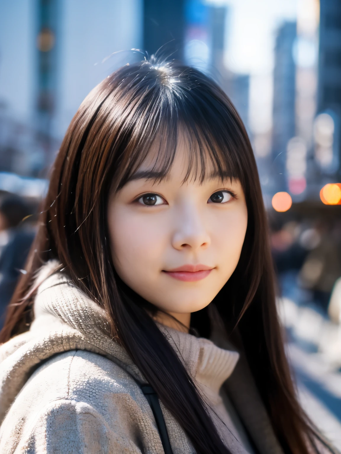 photorealistic, 8k full-length portraits, Beautiful woman, A charming expression, Clear system, 20-year-old, Tokyo, winter, Shibuya in the background