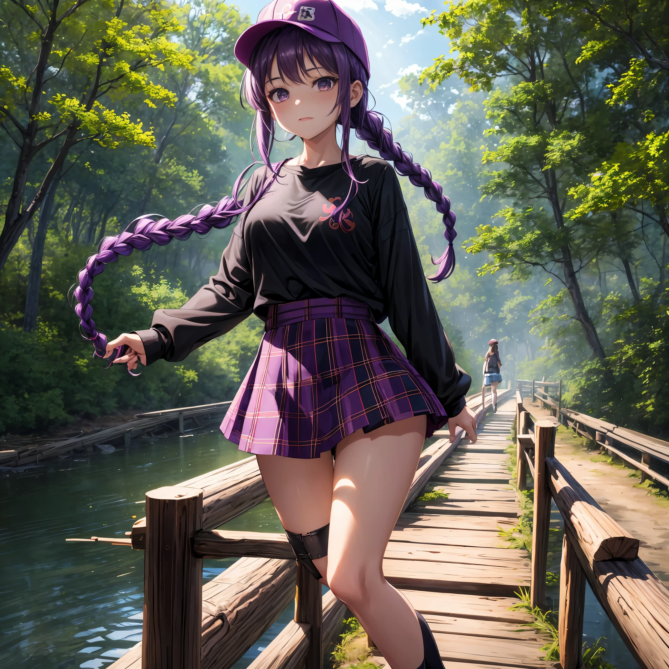 Best image quality, high resolution, masterpiece, cinematic lighting, 8K, RAW photo, fine-textured, purple hair, brown eyes, braids, one girl, solo, anime, plaid miniskirt, black T-shirt, camisole , forest, sunlight, wearing a plaid baseball cap, tilting his head, walking and balancing on a log bridge