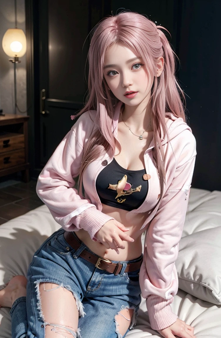 (NSFW),(((Superstar:1.3)))、best angle of view, drooling eyes、glamorous、professional women photography、lover&#39;s perspective,  Gentle sister、Beautiful mafia tanned woman photo, ((Punk style)),  ((white and pink hoodie, ripped pale jeans,pink buckle、Peach-colored hair)), realistic, beautiful lips, brown eyes, top quality, ultra detail, Trending at Art Station,  mature beautiful face,wink