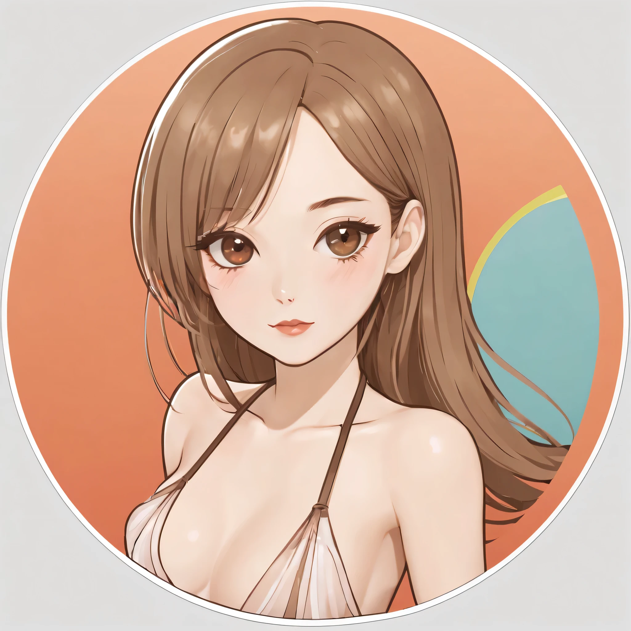 (a sticker,),(3d anime girl),bikini, grace,beautiful face,(on a round background), (roscoe frontier), Super detailed, best quality, Detailed illustration, vectorized, 8K, 专业a sticker设计, graphic design, vector line, a sticker, Full HD