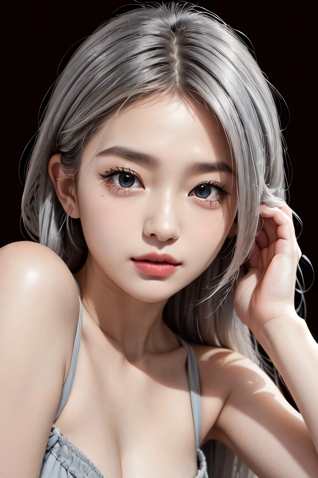 highly detailed, 8k, masterpiece, 1girl, Grey two-tone_hair, dress , , (perfect_face),cute face, sexy body,seductive expression,High detail on the face,Canon f1.2 iso100 35mm