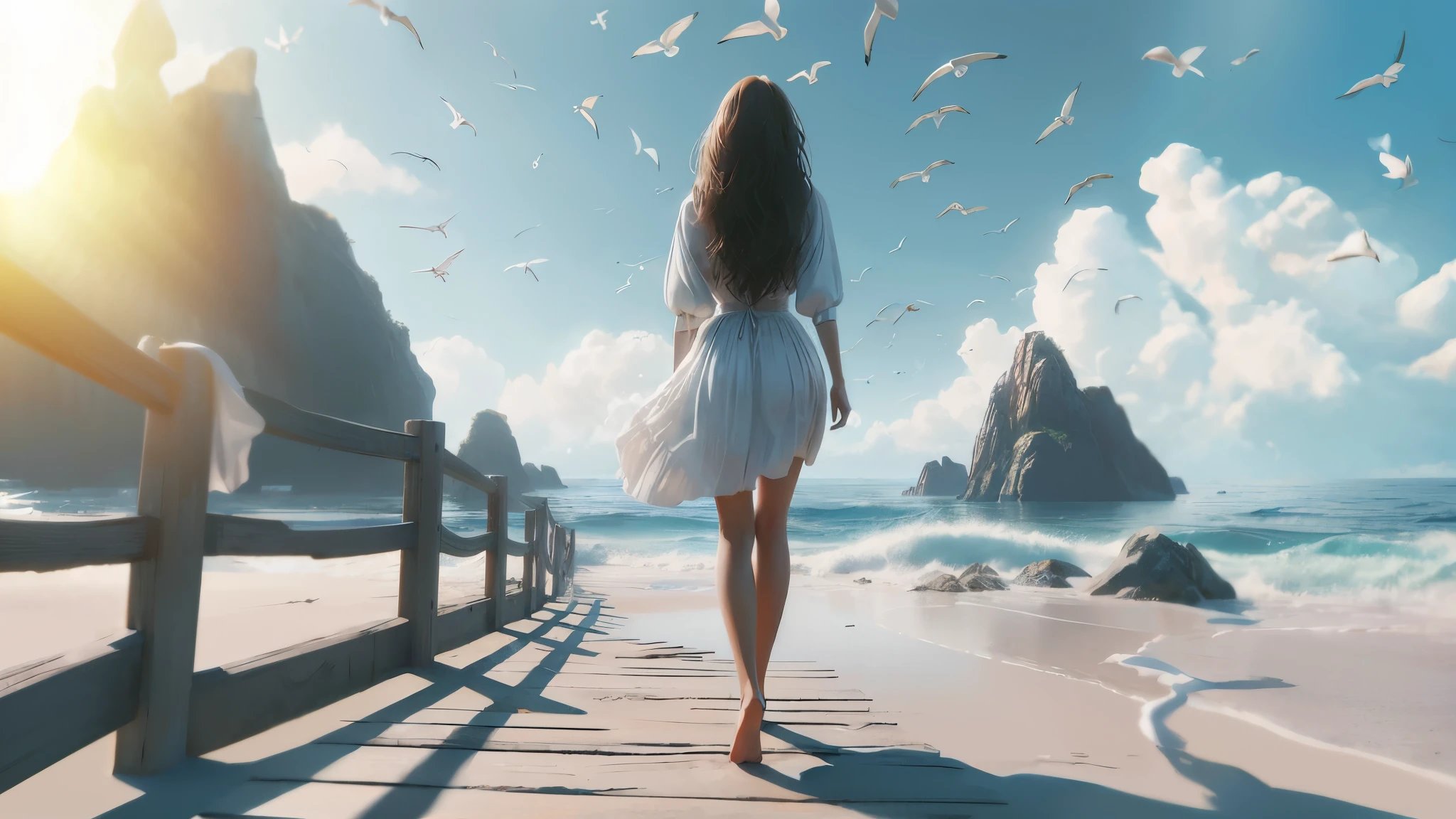 A woman walking on the beach with seagulls flying around, beautiful digital artwork, Written by Alexander Kucharsky, realistic fantasy paintings, beautiful digital art, Ross Tran. scenic background, very beautiful digital art, dreamy digital painting, beautiful digital paintings, amazing digital paintings, surreal fantasy art, Inspired by Igor Kieriluk, Inspired by Cyril Rolland