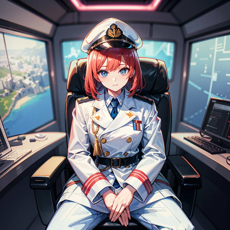 (((masterpiece、Highest image quality、highest quality、highly detailed unity 8kwallpaper)))、(Illustration of one woman)、30 years old、(Viceroy)、((Red-haired shorthair))、(Thin hair hanging down both sides of the face)、blue eyes、((tall))、((Muscle Woman、stocky build、muscular legs、broad shoulders、solid chest))、((Military uniforms))、((Military Cap))、((Military coat))、(white clothes)、(White pants)、(white hat)、trench coat、、(((manspreading、Sitting in the captain's seat)))、(((Inside a futuristic spaceship、Surrounded by instruments and monitors、The Universe on the Monitor、Earth seen from space)))