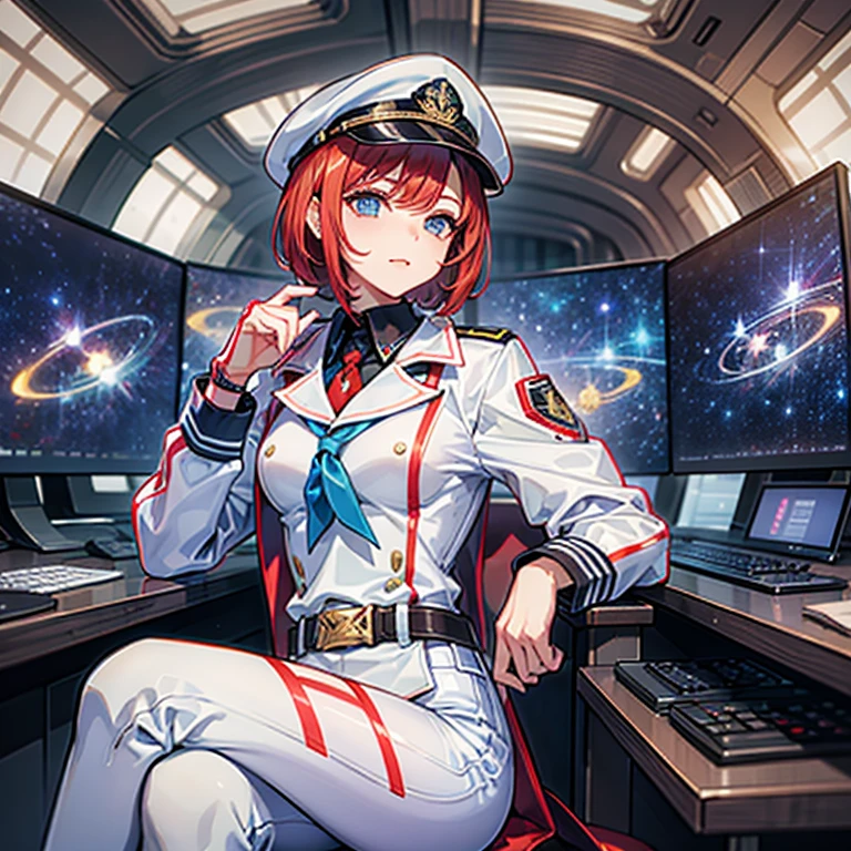 (((masterpiece、Highest image quality、highest quality、highly detailed unity 8kwallpaper)))、(Illustration of one woman)、30 years old、(Viceroy)、((Red-haired shorthair))、(Thin hair hanging down both sides of the face)、blue eyes、((tall))、((Muscle Woman、stocky build、muscular legs、broad shoulders、solid chest))、((Military uniforms))、((Military Cap))、((Military coat))、(white clothes)、(White pants)、(white hat)、trench coat、、(((manspreading、Sitting in the captain's seat)))、(((Inside a futuristic spaceship、Surrounded by instruments and monitors、The Universe on the Monitor、Earth seen from space)))