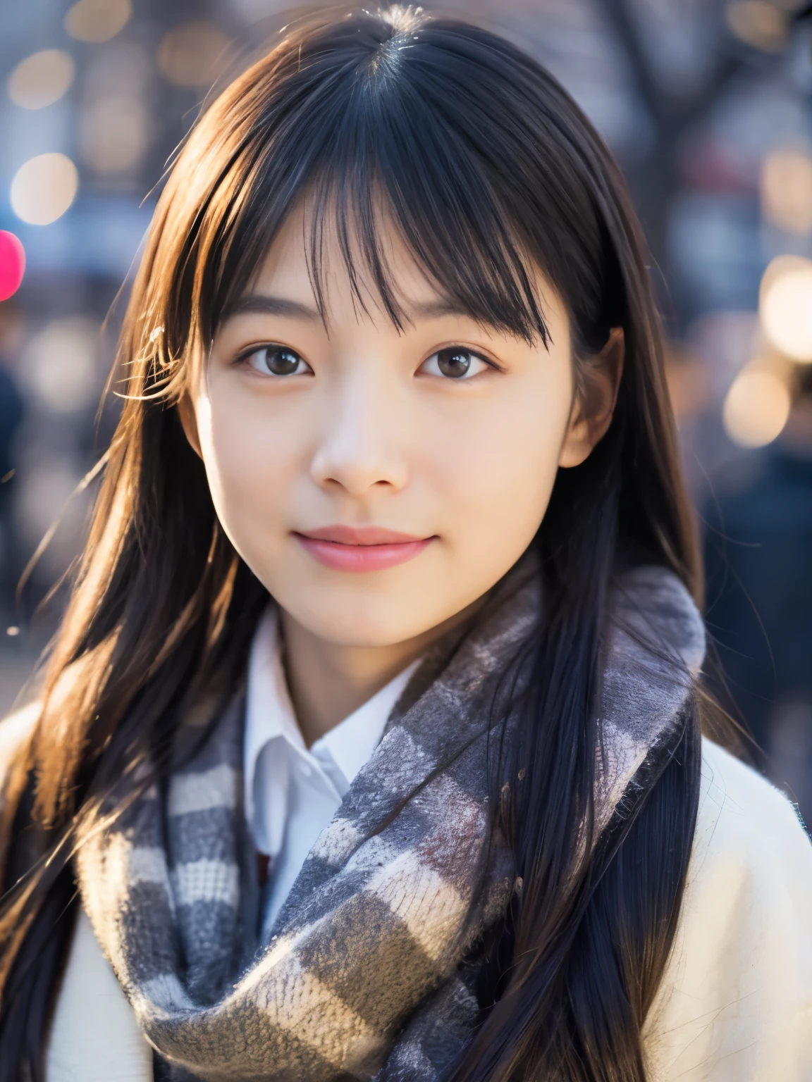 photorealistic, 8k full-length portraits, Beautiful woman, A charming expression, Clear system, 20-year-old, Tokyo, winter, Shibuya in the background