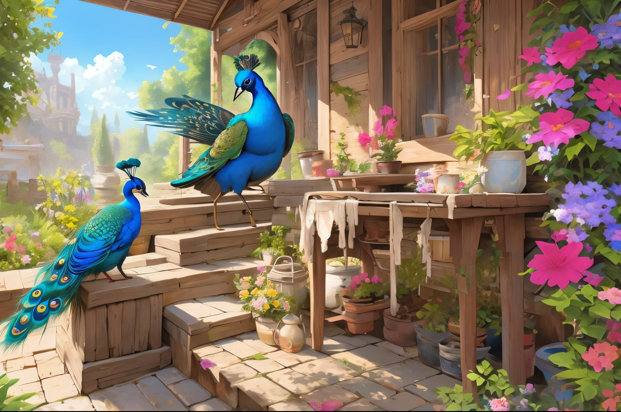 masterpiece, best quality, 1 peacock, in jar, jar, background, full body, flower, sitting, erune