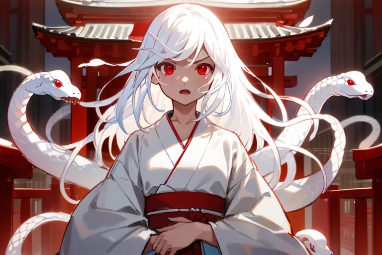 1 girl，Detailed details，very long white hair，countless white snakes，Luxurious white kimono，red eyes，shrine background，Ferocious，shining eyes，God