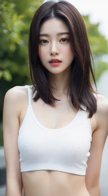 (1 sexy Korean star) shoulder length hair, light makeup, big chest size, wearing a tank top, clear facial features, 8K high resolution, edgy, realistic details.from outside, Eye level shooting, f/4.0, 135mm, Fujifilm, jpeg artifacts, Dithering, UHD, smooth leg line, sexy legs, masterpiece, whole body, upper body, correct posture, Future-proof, Facing Forward