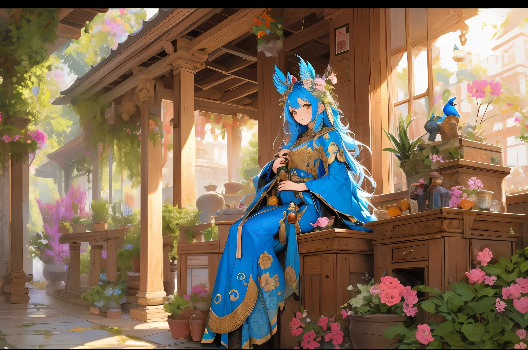 masterpiece, best quality, 1 peacock, in jar, jar, background, full body, flower, sitting, erune