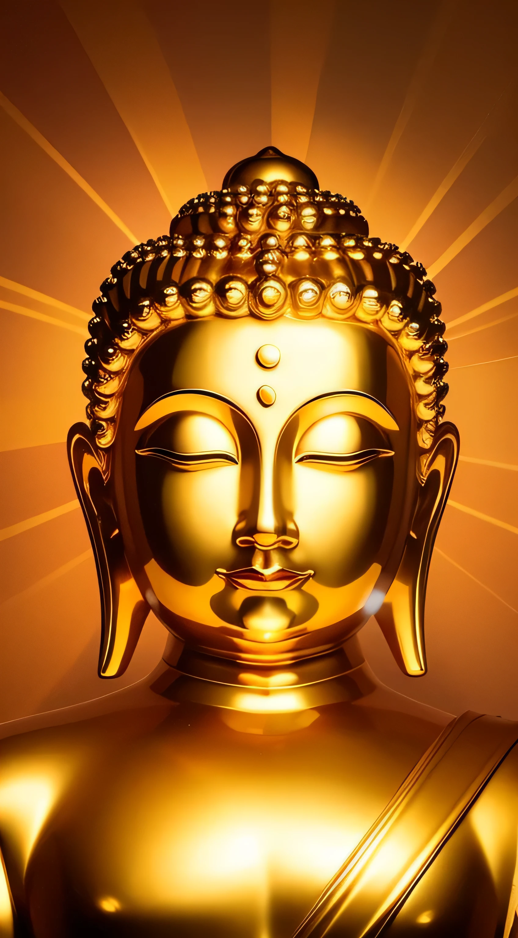 Golden Buddha statue with a shining halo, Buddha教, Buddha陀, Buddha教徒, Buddha, reincarnation, enlightenment, beautiful gold saint, spiritual enlightenment, pushkaraka, enlightenment, Buddha教美術, shining golden aura, enlightenment. Complex, path to enlightenment, path to enlightenment, emits golden light, look forward, upper body whole body, wear a robe, close up face, head shot, Front view, open your eyes, open your eyes,Front viewing, please open your eyes