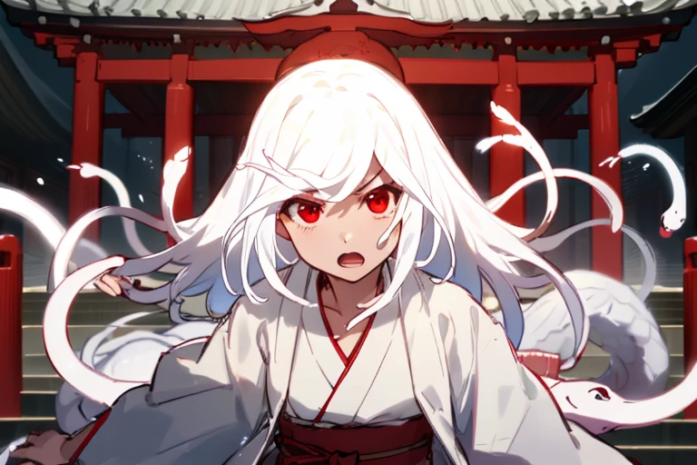 1 girl，Detailed details，very long white hair，countless white snakes，Luxurious white kimono，red eyes，shrine background，Ferocious，shining eyes，God