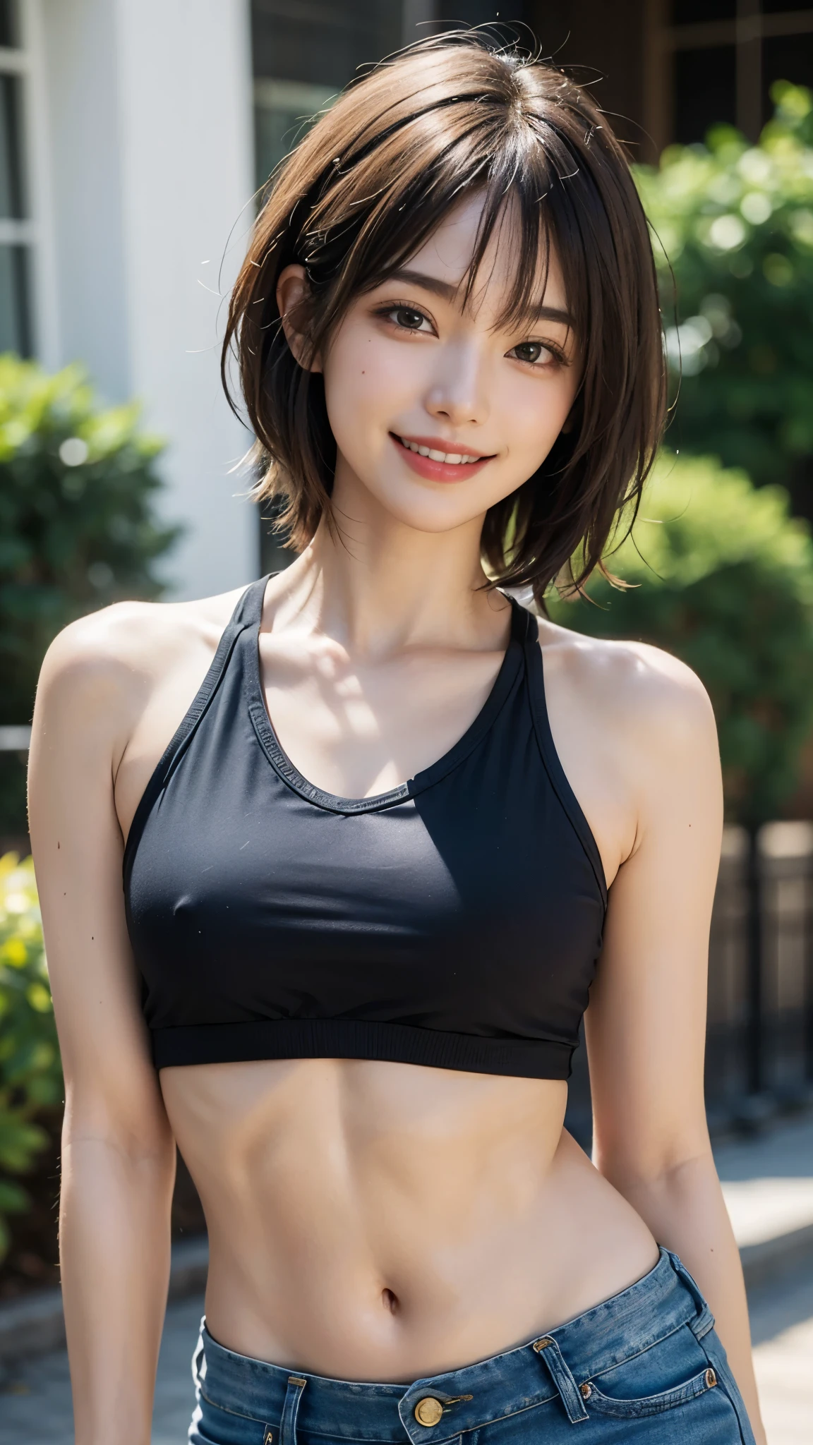 best quality, muste piece, ultra high resolution, (It's photorealistic:1.4), Raw photo, 1 girl, K deーPOP idol, brown short hair, slender body,Belly,abs,muscular,Jeans and a small T-shirt,detailed eyes,(realistic eyes),delicate face,realsK dein,slightly tanned skin、detailed hair,Detailed sK dein,pretty face,((smiling))、((Laughter))、((You look happy, smile))