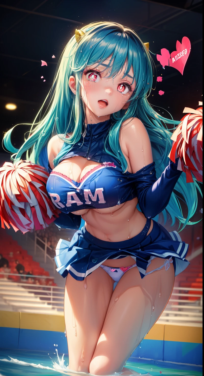 ram invader, detailed breasts, anime dick, (cheerleader: 1.2), (white panties:1.4),muste piece, best quality, open mouth, tooth, ultra-detailed breasts, Yellow eyes, cute eyes, detailed face, a cute girl, big chest, red face, (wet with water: 1.2), Generally poor breasts, areola slip, (Position where panties are visible:1.5), (beautiful breasts: 1.2), (with a bright light source: 1.2), (heart shaped pupils opening their clothes: 1.5)