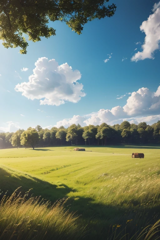 Best quality, masterpiece, ultra high res, (photorealistic:1.4), raw photo, grassy fields, sunny, blue sky,