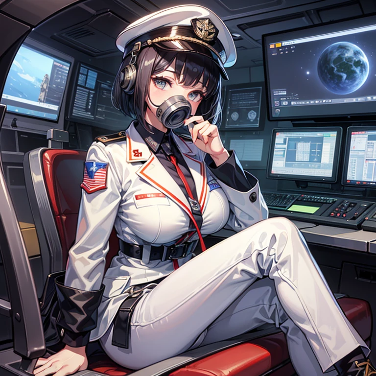 (((masterpiece、Highest image quality、highest quality、highly detailed unity 8kwallpaper)))、(Illustration of one woman)、30 years old、(Viceroy)、((Black hair bob cut))、(((Gas mask covering the mouth)))、(((Gas mask covering the mouth)))、Gray eyes、((tall))、((big breasts))、((Military uniforms))、((Military Cap))、((Military coat))、(white clothes)、(White pants)、(white hat)、trench coat、(((Sitting in the captain's seat)))、(((Inside a futuristic spaceship、Surrounded by instruments and monitors、The Universe on the Monitor、Earth seen from space)))