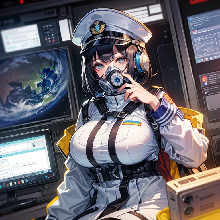 (((masterpiece、Highest image quality、highest quality、highly detailed unity 8kwallpaper)))、(Illustration of one woman)、30 years old、(Viceroy)、((Black hair bob cut))、(((Gas mask covering the mouth)))、(((Gas mask covering the mouth)))、Gray eyes、((tall))、((big breasts))、((Military uniforms))、((Military Cap))、((Military coat))、(white clothes)、(White pants)、(white hat)、trench coat、(((Sitting in the captain's seat)))、(((Inside a futuristic spaceship、Surrounded by instruments and monitors、The Universe on the Monitor、Earth seen from space)))