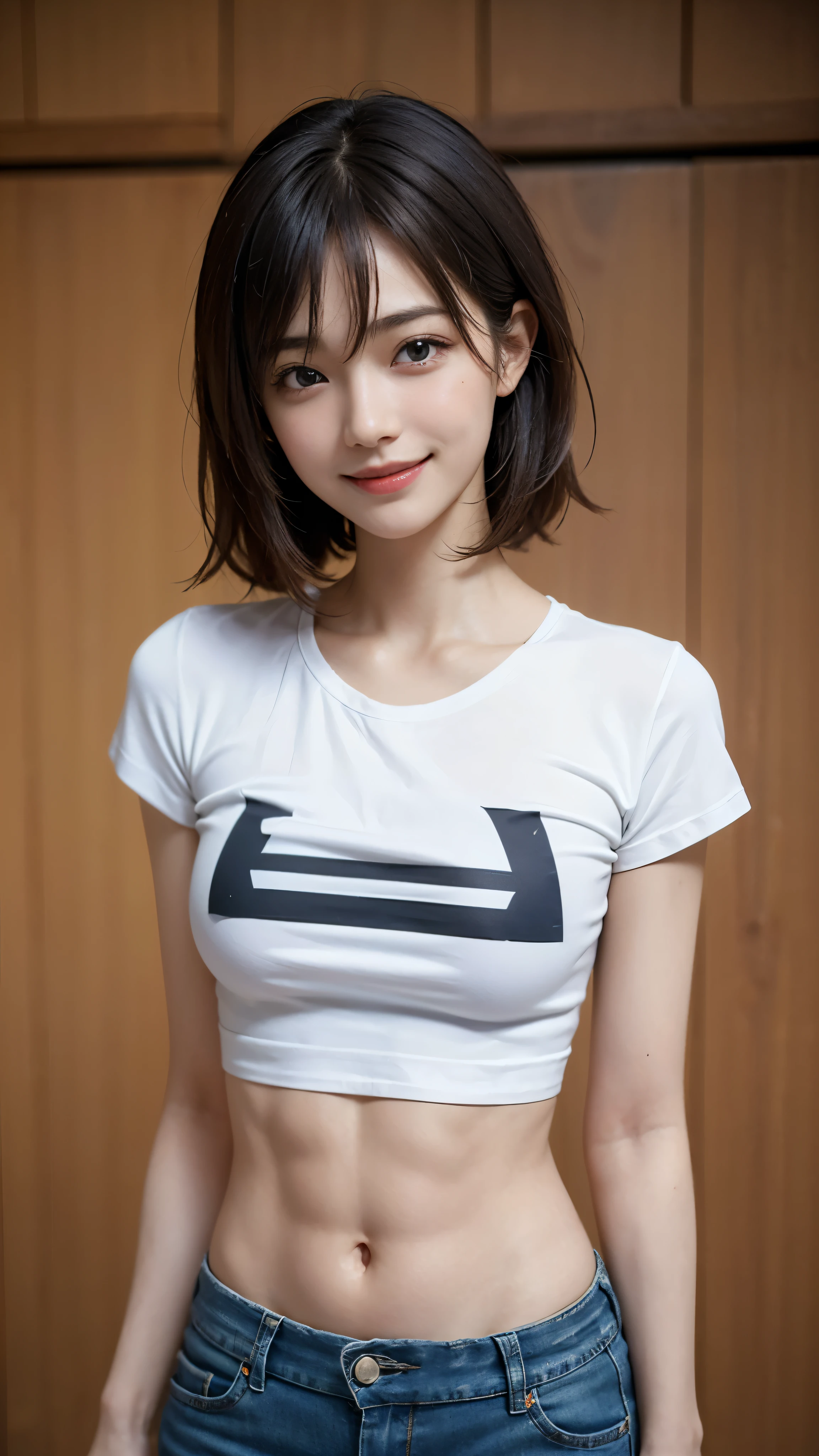 highest quality, pieces fly, ultra high resolution, (that&#39;realistic:1.4), Raw photo, 1 girl, Mr. Kｰpop idol, brown short hair, slender body,stomach,stomach筋,muscular,jeans and a small t-shirt,fine eyes,(realistic eyes),delicate face,realsMr. Kin,slightly tanned skin、fine hair,Detailed sMr. Kin,cute face,((smile))、((laughter))、((you look happy, smile))