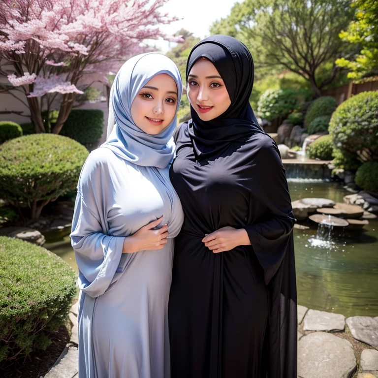 8K, absurdres, detailed face, half body, a beautiful muslimah woman named mira with medium breasts is wearing chador and transparent abaya, her attractive girlfriend named filzah with big breasts wearing shawl and dress, mira is fondling filzah's breasts and tits, filzah's head tilted up, in a japanese garden, photorealistic, masterpiece, highly-detailed, naughty smile