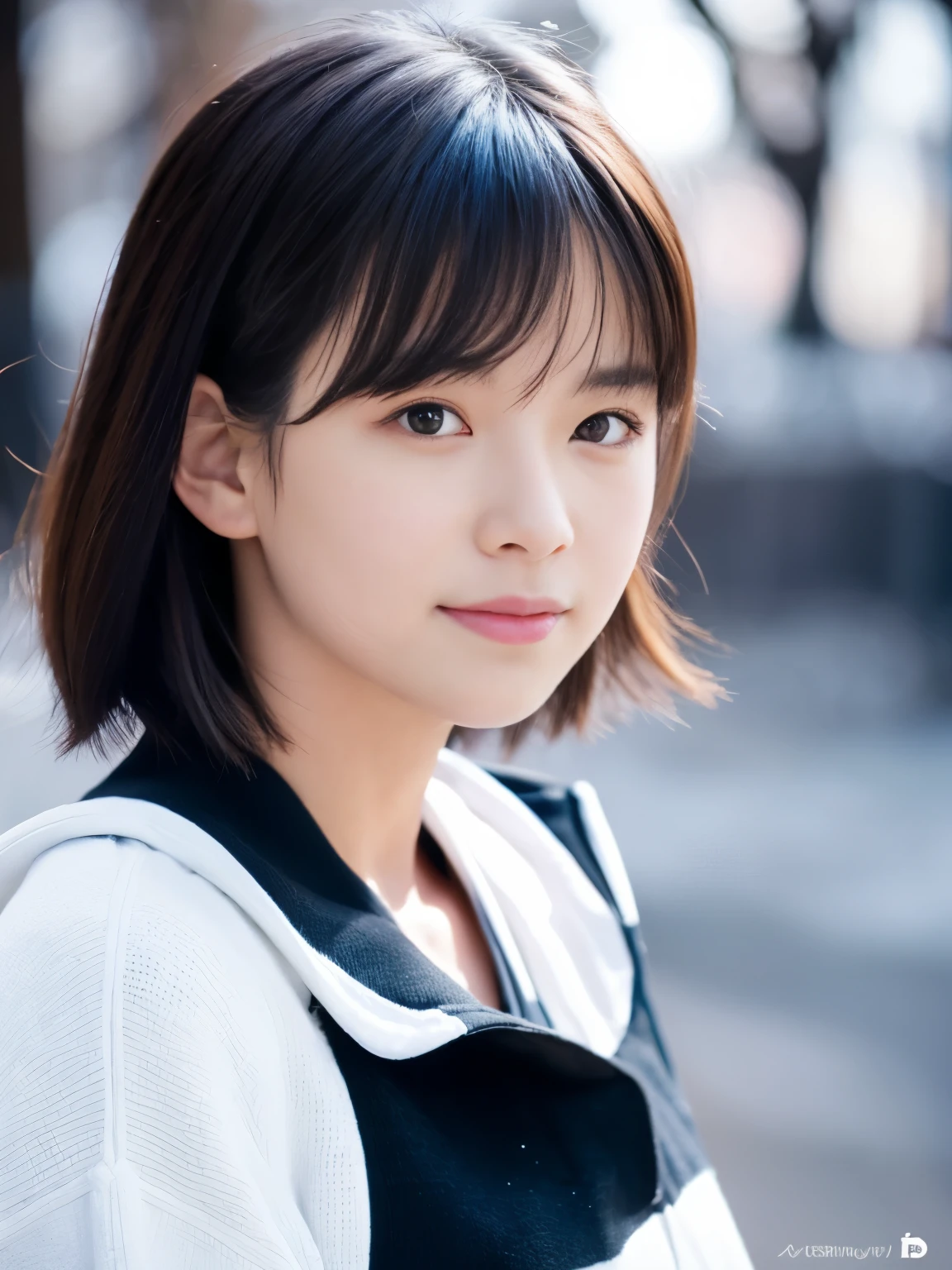 photorealistic, 8K, full body portrait, Beautiful woman, A charming expression, short hair, , Tokyo, winter, Shibuya in the background