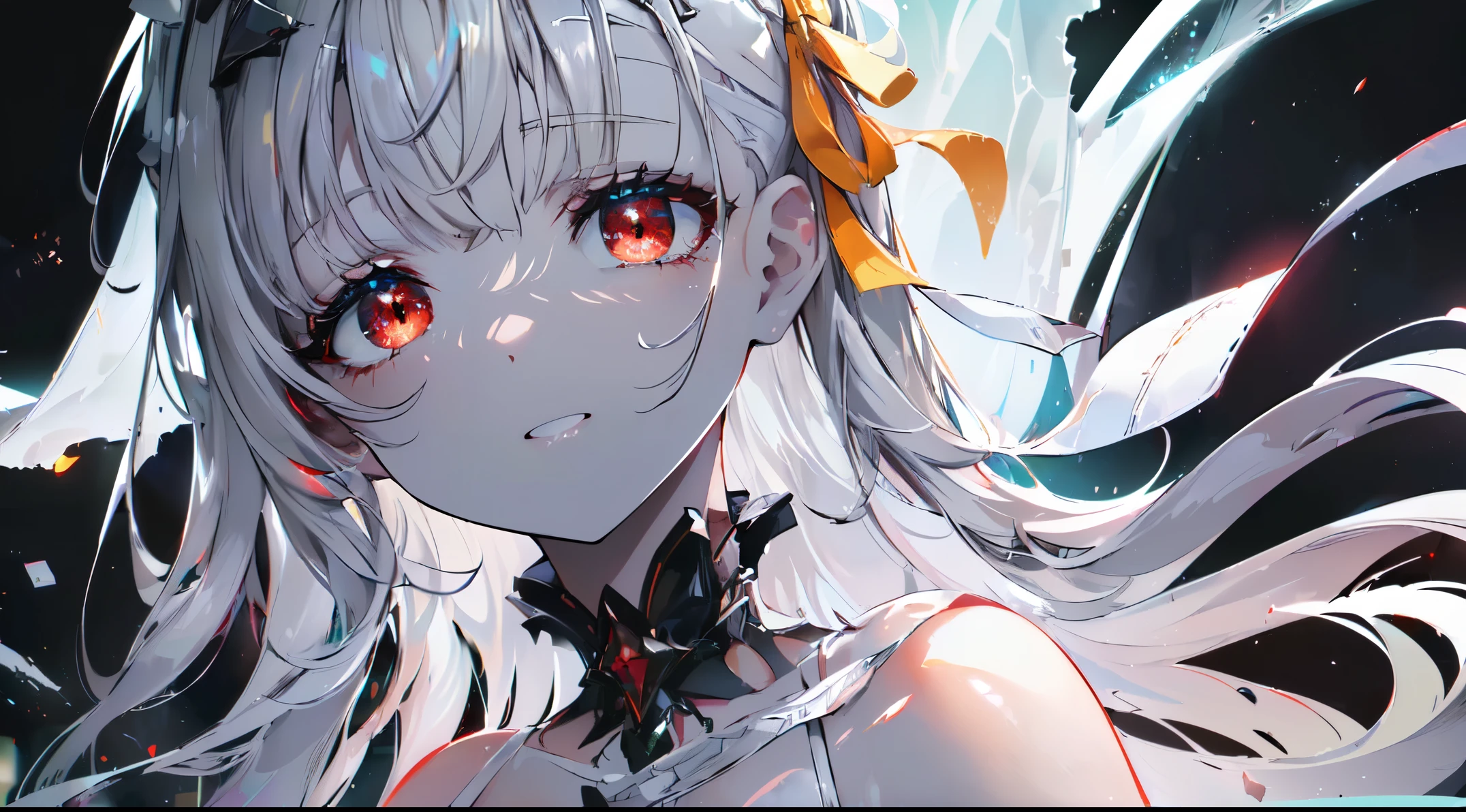 ((((Obra maestra, La mejor calidad, ultrahigh resolution)))), 1girl, standing, (cute maid costume), ((long silver hair, silver hair over eye)), long hair cut, pale skin, ((red eyes)), glowing_eyes, neon eyes, (ultra detailed eyes:0.7, beautiful and detailed face, detailed eyes:0.9), ((centered)), smile, ((wide shot)), facing viewer, ((vibrant background, bright lighting, summer, sunlight)), flat chested, looking at viewer, ((half closed eyes)), ((perfect hands)), (((head:1, arms, hips in view, elbows, arms, legs, in view))), ((hands behind back)), empty eyes, beautiful lighting, ((outside, outdoors)), defined subject, head tilt, (((gritty)), ((creepy)), ((cool)), ((beautiful)), (((SFW)))