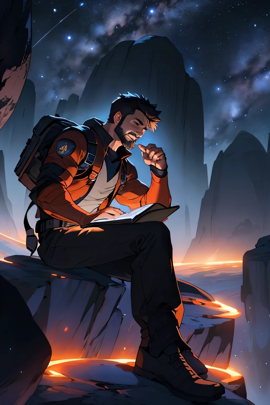 Draw a young programmer, sitting on a research platform floating in the middle of an asteroid belt. He is studying with a notebook, surrounded by several asteroids glowing with fiery auras. Dramatic lighting from distant stars and planets illuminates the scene, casting deep shadows on the suit. The young man looks confident and determined, looking at the vast and mysterious universe with wonder and respect,facial hair, cowboy shot,