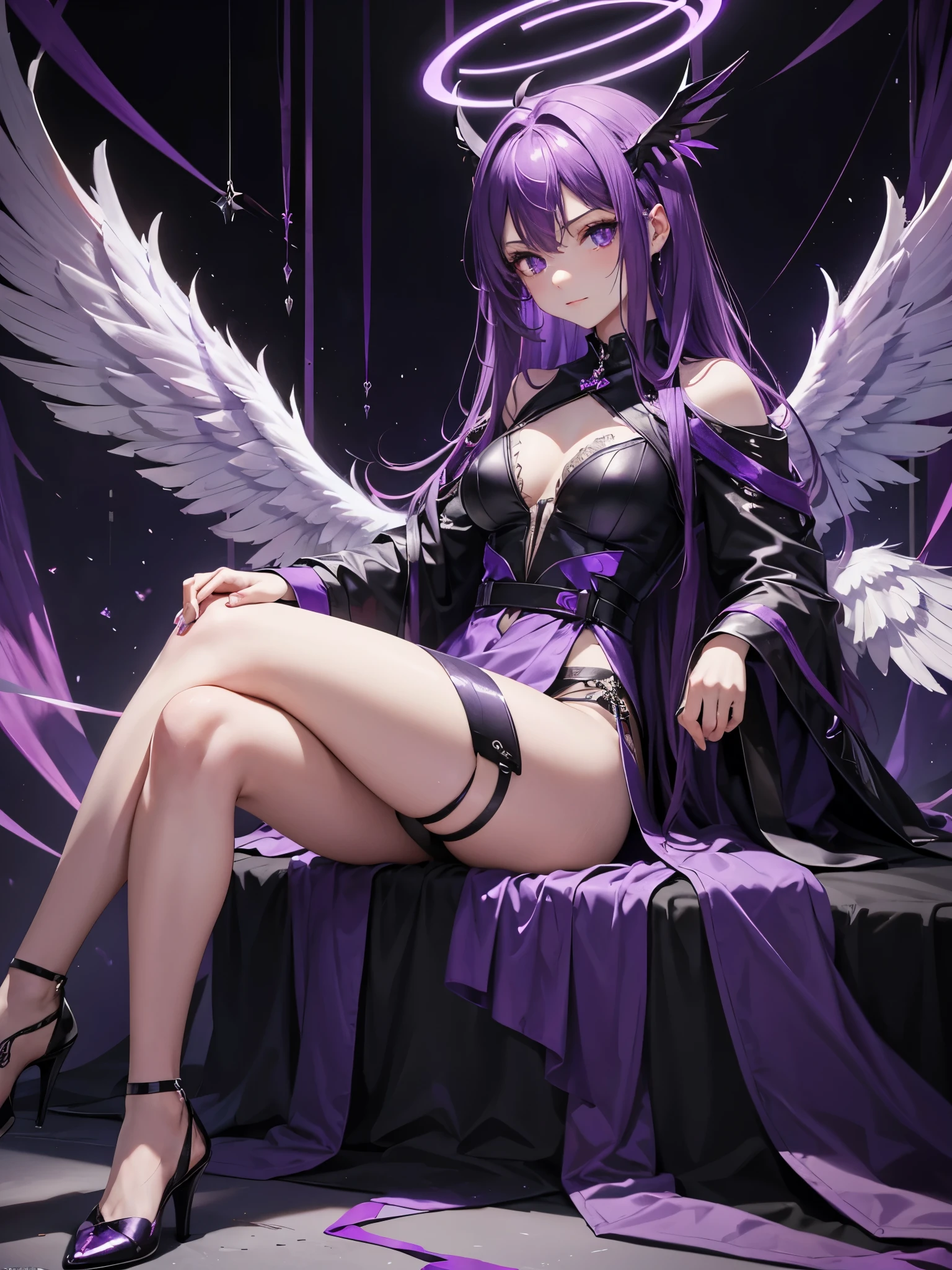 Purple fallen angel, purple accent and purple mist, broken wing,evil look, sitting, legs crossed, purple halo on head