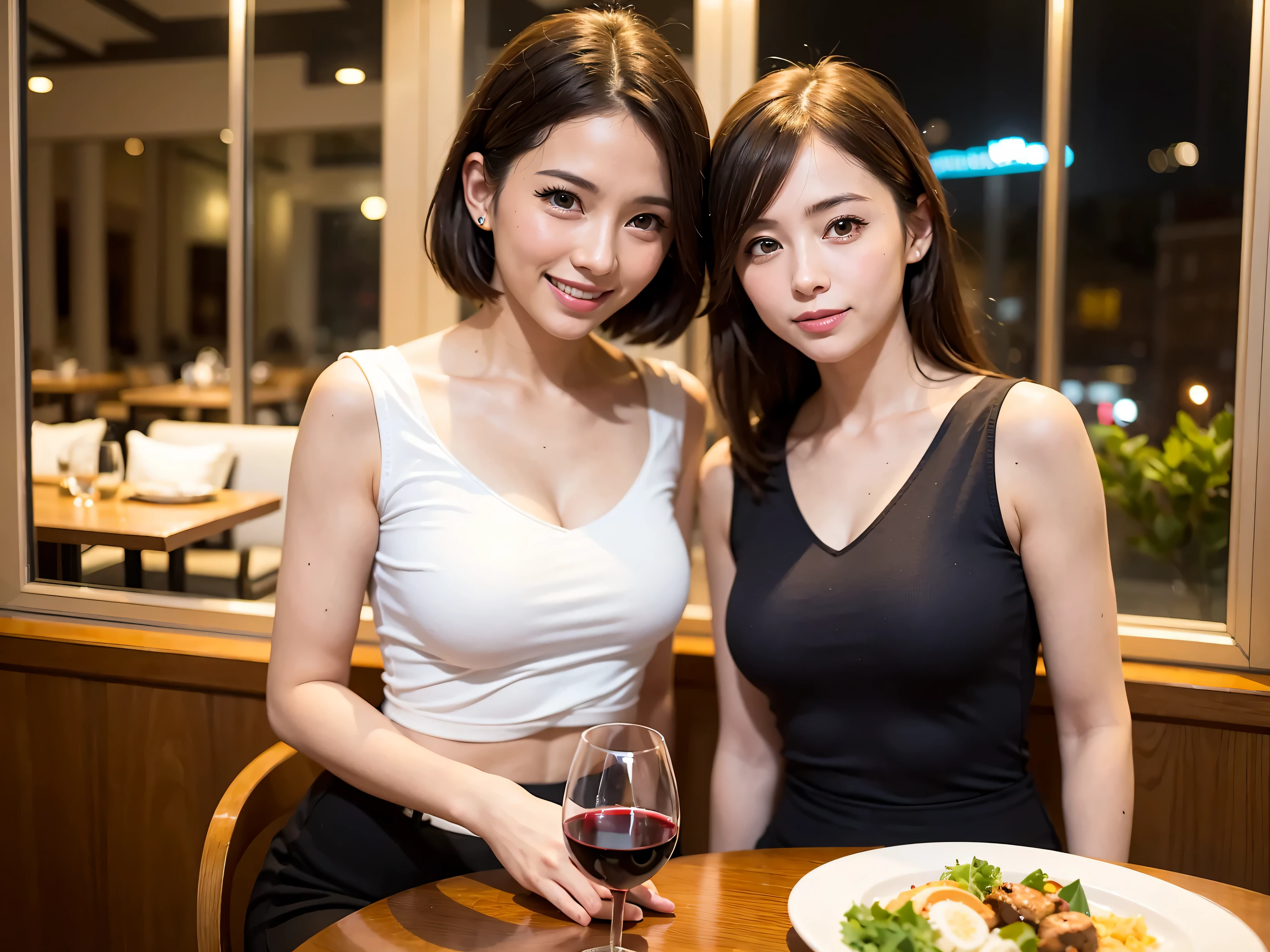 (64km race, nffsw, top quality, muste piece: 1.2), (realistic, photorealistic: 1.37), Dutch、Italian、Japanese、French、1 beautiful woman, (slimな顔), (slimボティ), (brown hair), (shortcut), cheeks blush a little, (44 years old), 38 years old, alone, 窓の外には美しく緻密なnight景が広がります.., restaurant, wine glassが座っている, nightに, Nova frog style in prominent places, actress, model, waist up, White wine, slim, wine glass, Super Clean night View, wine glass Put in the Middle, Happy smile, (smile: 1.15), beautiful slender eyes, upper body whole body, bust japan up, night, short, short, actress, model, waist up, White wine, slim, wine glass, Super Clean night View, wine glass Put in the Middle, Happy smile,
