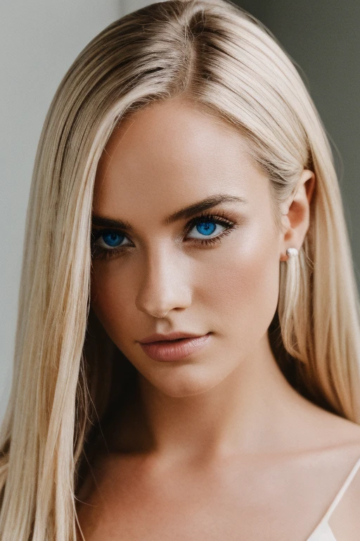 Very attractive blonde woman, doctor. blue eyes, facing the camera. Smiling. Black background. Holding a male chastity device in her hands.