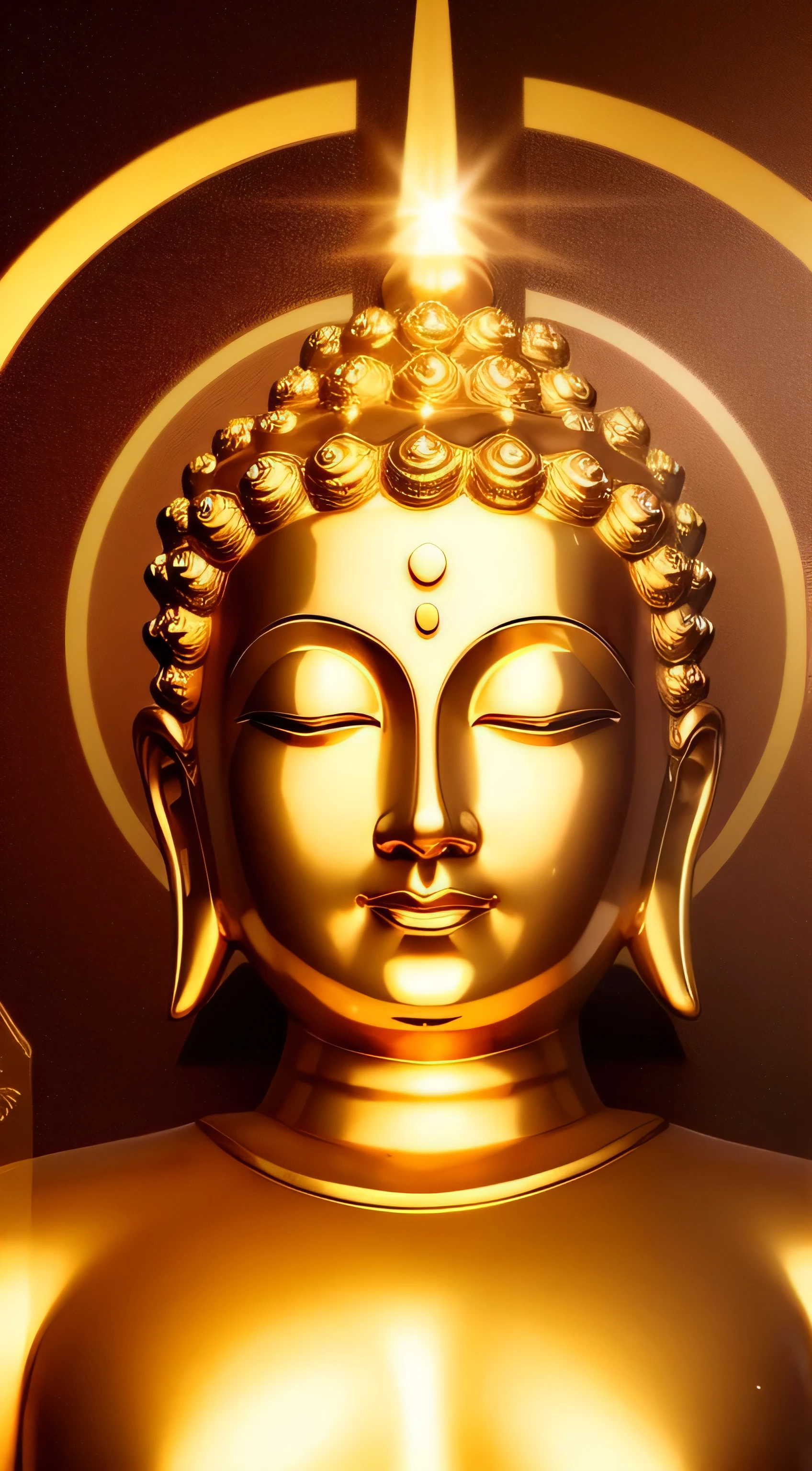 Golden Buddha statue with a shining halo, Buddha教, Buddha陀, Buddha教徒, Buddha, reincarnation, enlightenment, beautiful gold saint, spiritual enlightenment, pushkaraka, enlightenment, Buddha教美術, shining golden aura, enlightenment. Complex, path to enlightenment, path to enlightenment, emits golden light, look forward, upper body whole body, wear a robe, close up face, head shot, Front view, open your eyes, open your eyes,Front viewing, please open your eyes