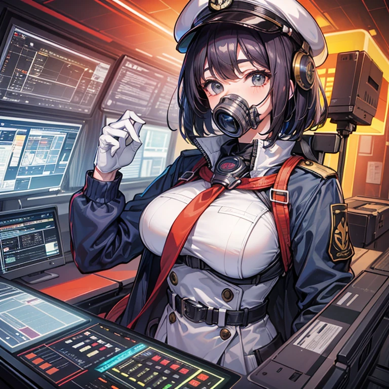 （（（masterpiece、Highest image quality、highest quality、highly detailed unity 8ｋwallpaper）））、（Illustration of one woman）、30 years old、（Viceroy）、（（Black hair bob cut））、（（（Gas mask covering the mouth）））、（（（Gas mask covering the mouth）））、Gray eyes、（（tall））、（（big breasts））、（（Military uniforms））、（（Military Cap））、（（Military coat））、（white clothes）、（White pants）、（white hat）、trench coat、（（（Sitting in the captain's seat）））、（（（Inside a futuristic spaceship、Surrounded by instruments and monitors、The Universe on the Monitor、Earth seen from space）））