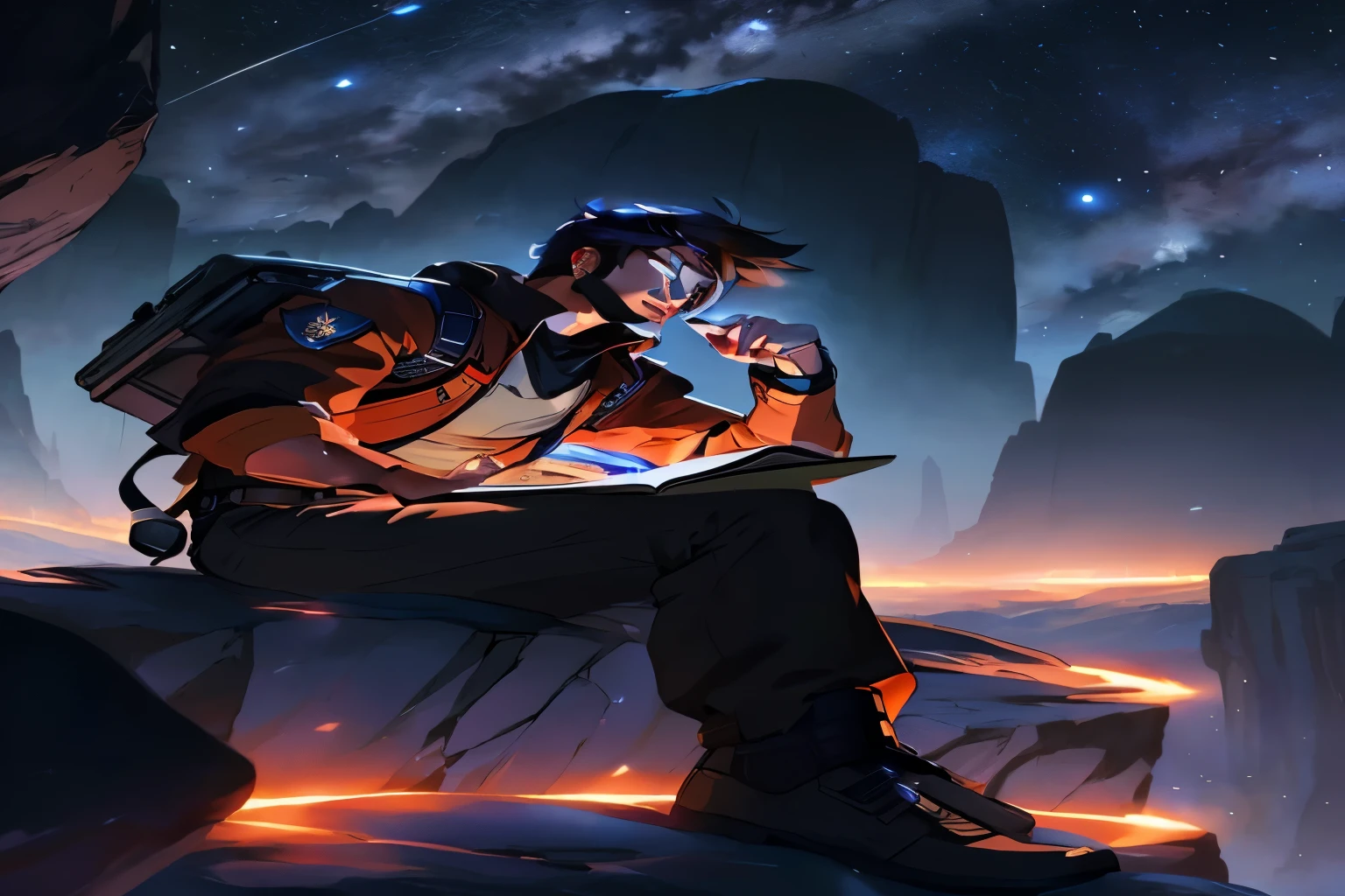 a close up of a person sitting on a rock with a book, makoto shinkai ( apex legendaptiste from overwatch, artgerm and atey ghailan, sojourn from overwatch, resting after a hard mission, character art the contra, lois van baarle and rossdraws, rossdraws cartoon vibrant, roleplaying game art, :: rossdraws