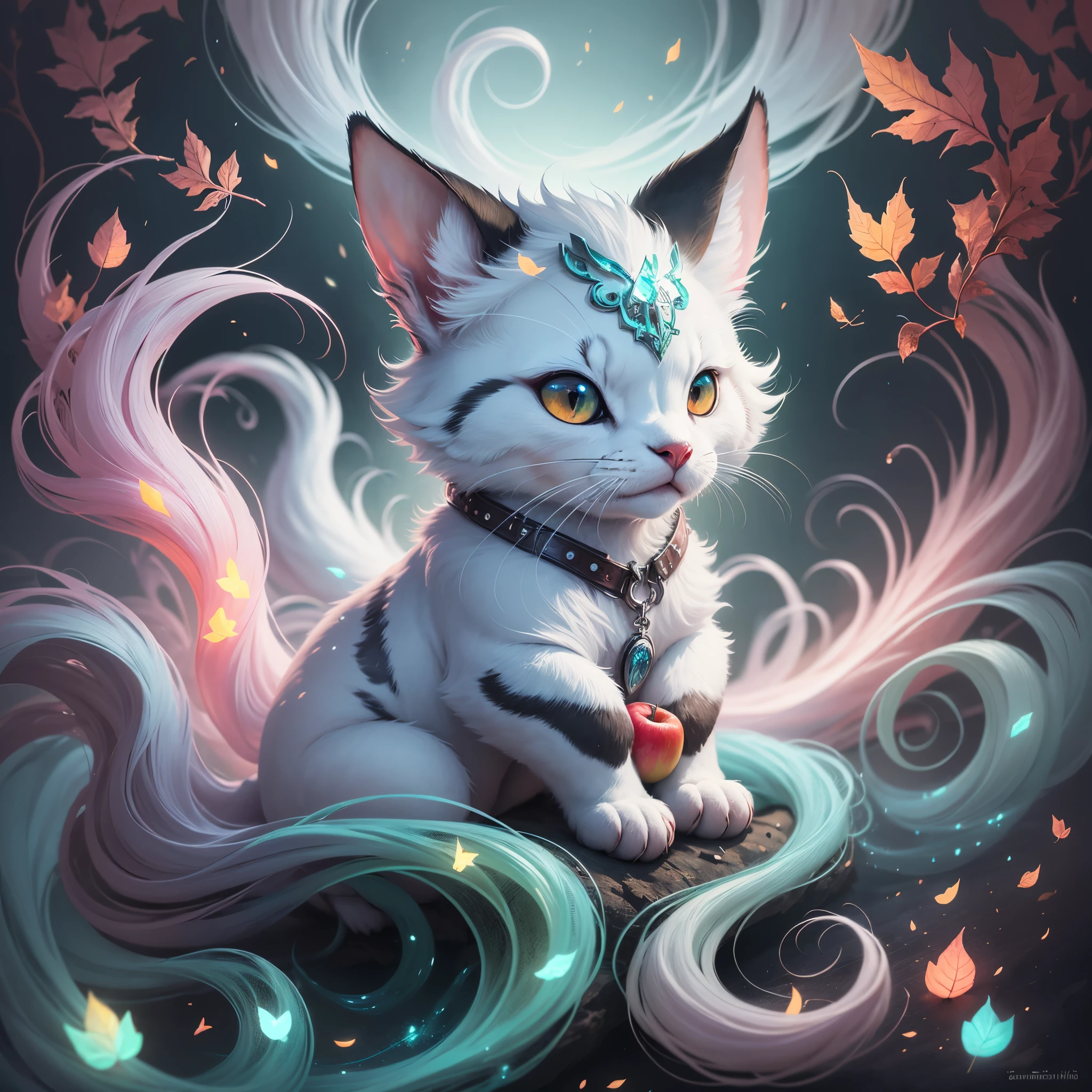 ultra highly detailed, fantasy acrylic painting, a cute chibi fluffy ghost fiberglass clear animal creature, clear creature, ghost creature, apples, emerald swirling smoke, red moon, moonlight, forest, leaves, Jeremiah Ketner. filigree detailed, complex background, dynamic lighting, lights, digital painting, intricated pose, highly detailed filigree, intricated, cute, surreal  --auto --s2