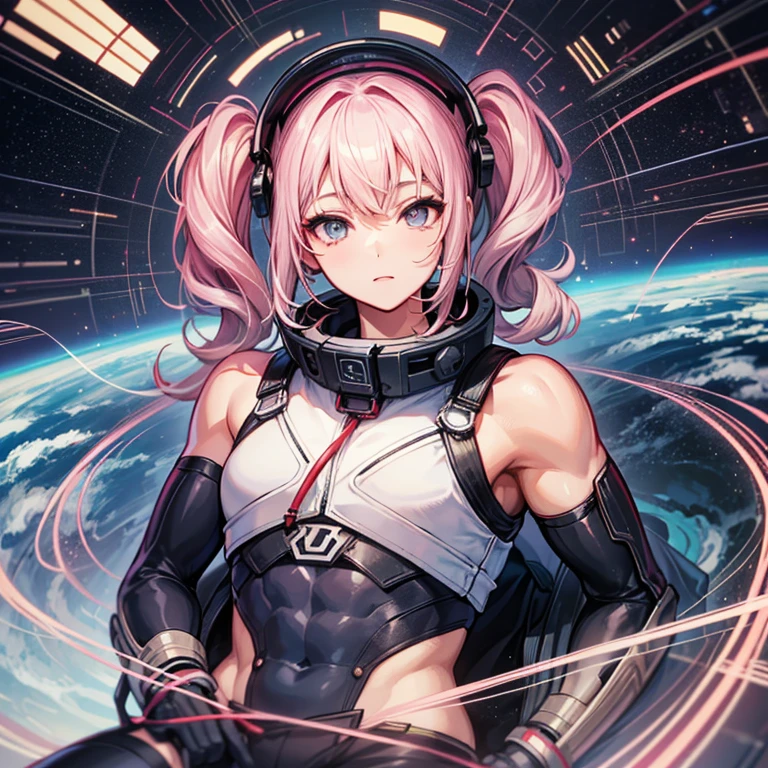 （（（masterpiece、Highest image quality、highest quality、highly detailed unity 8ｋwallpaper）））、（（Illustration of one adult））、（（25 years old））、（pilot）、（（（Beautiful girl with a beautiful face、The body is a man）））、（（（Twintails with pink hair）））、Light gray eyes、（（tall））、（（Muscular strong man's body））、（（Muscular strong man's body、solid chest、muscular chest plate、abs、muscular and thick arms、muscular and thick legs））、（（（白いpilotスーツ）））、（（manspreading、Sitting in the cockpit））、（（space fighter cockpit、The Universe on the Monitor、Earth seen from space））