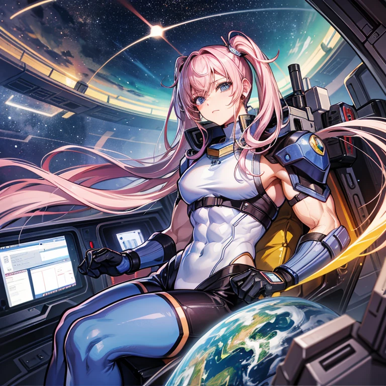 (((masterpiece、Highest image quality、highest quality、highly detailed unity 8kwallpaper)))、((Illustration of one adult))、((25 years old))、(pilot)、(((Beautiful girl with a beautiful face、The body is a man)))、(((Twintails with pink hair)))、Light gray eyes、((tall))、((Muscular strong man's body))、((Muscular strong man's body、solid chest、muscular chest plate、abs、muscular and thick arms、muscular and thick legs))、(((白いpilotスーツ)))、((manspreading、Sitting in the cockpit))、((space fighter cockpit、The Universe on the Monitor、Earth seen from space))