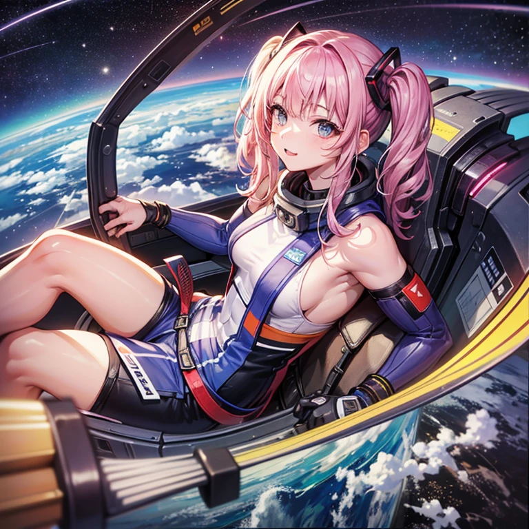 （（（masterpiece、Highest image quality、highest quality、highly detailed unity 8ｋwallpaper）））、（（Illustration of one adult））、（（25 years old））、（pilot）、（（（Beautiful girl with a beautiful face、The body is a man）））、（（（Twintails with pink hair）））、Light gray eyes、（（tall））、（（Muscular strong man's body））、（（Muscular strong man's body、solid chest、muscular chest plate、abs、muscular and thick arms、muscular and thick legs））、（（（白いpilotスーツ）））、（（manspreading、Sitting in the cockpit））、（（space fighter cockpit、The Universe on the Monitor、Earth seen from space））