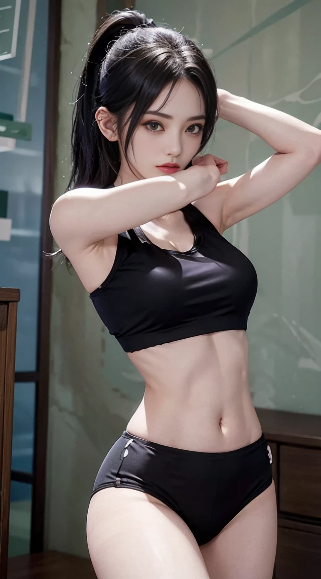 Woman in purple top and green panties poses for photo, black bra, she is wearing a black tank top, Seductive Tifa Lockhart Portrait, black top, gorgeous chinese model, Tifa Lockhart, sports bra and shirt, Tifa, Good Sports, slim girl model photo, IG Model | art germ, beautiful female model