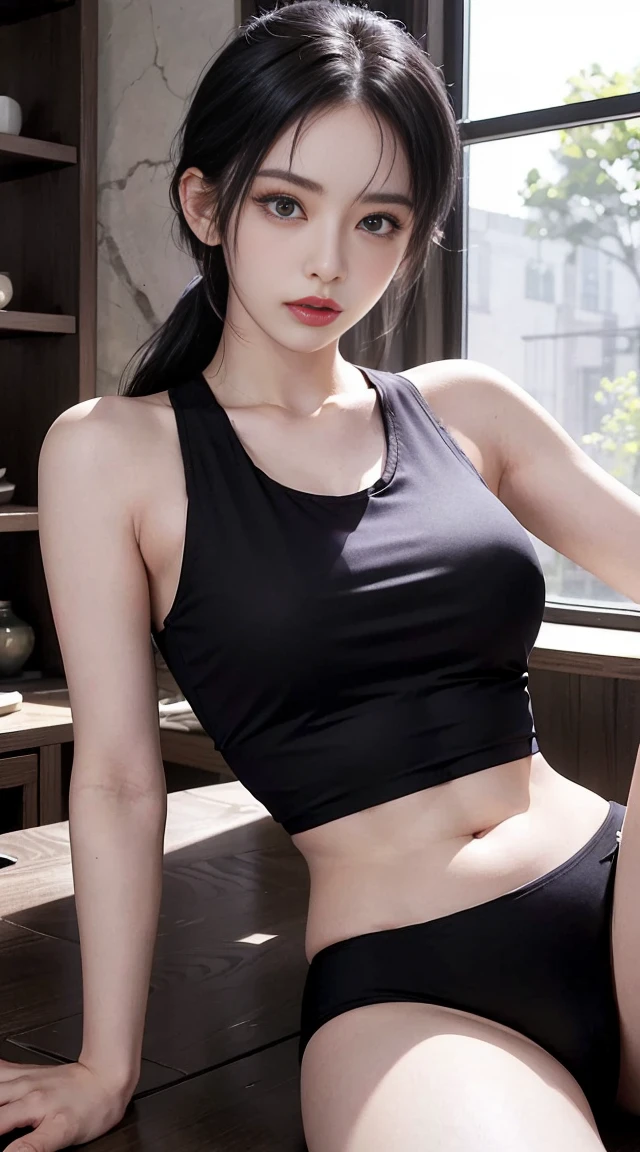 Woman in purple top and green panties poses for photo, black bra, she is wearing a black tank top, Seductive Tifa Lockhart Portrait, black top, gorgeous chinese model, Tifa Lockhart, sports bra and shirt, Tifa, Good Sports, slim girl model photo, IG Model | art germ, beautiful female model