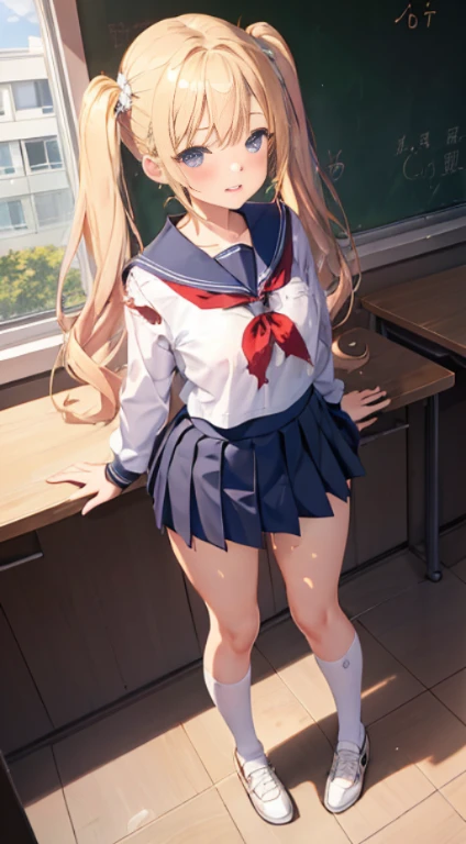 1 girl, parted lips, blush, compensate, light smile, school uniform, full body, wide angle, From above, classroom, light, shine, Thighs Thighs Thighs, clavicle, tight waist, (muste piece), wallpaper,beautiful skin、twin tail hair、bright blond hair、(white panties、Roll up your skirt to show your panties、torn skirt)