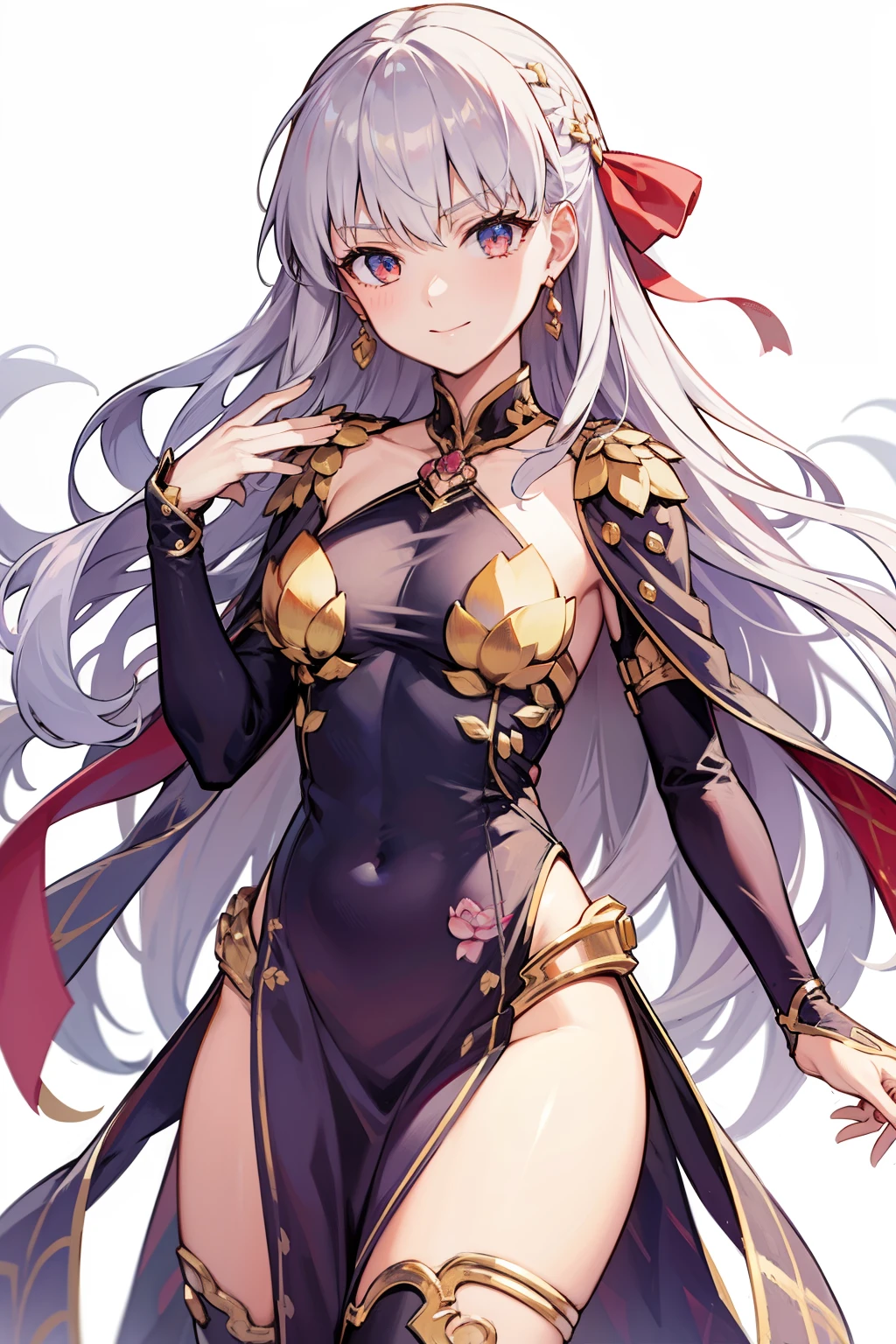 (high-quality, breathtaking),(expressive eyes, perfect face) 1female, girl , solo, young , white colored hair, red coloured eyes, red ribbon in hair, gentle smile, medium length hair, loose hair, side bangs, wavy hair, slightly narrow eyes, looking at viewer, half body, Kama fate grand order, clothes similar to Kama, elegent, dress, adult, Ascension 5, lotus flowers
