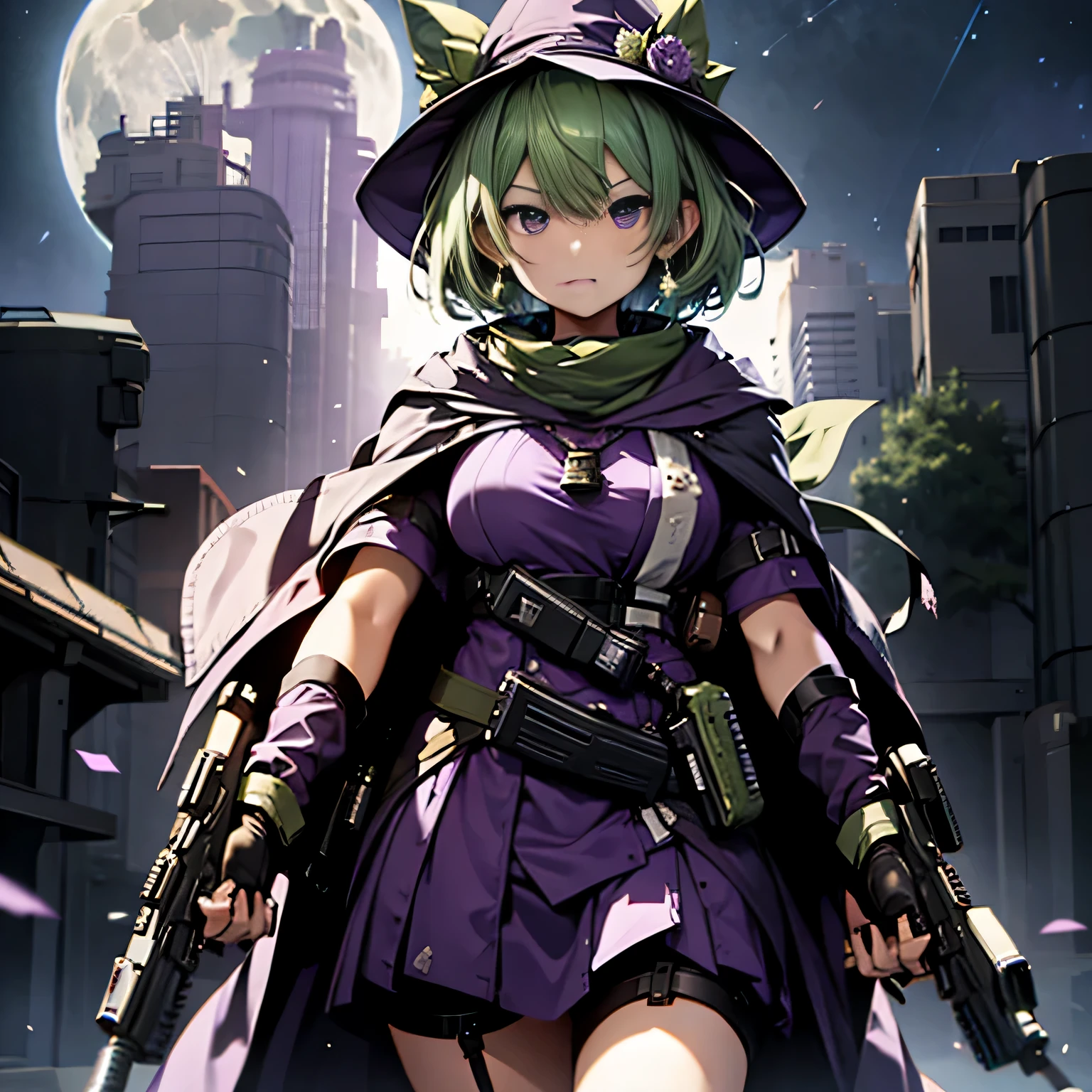 highest quality、very delicate and beautiful、(A teenage girl)、Purple Eye、green hair、short haired、(purple witch hat)、Purple tie、Tactical Vest、Soio、short sleeve、purple skirt、Purple Wizard Robe、Belly button pussy、Are standing、Facing the front、Expression of hatred、Full moon night on background、Only eyes、((Holding a submachine gun in both hands))