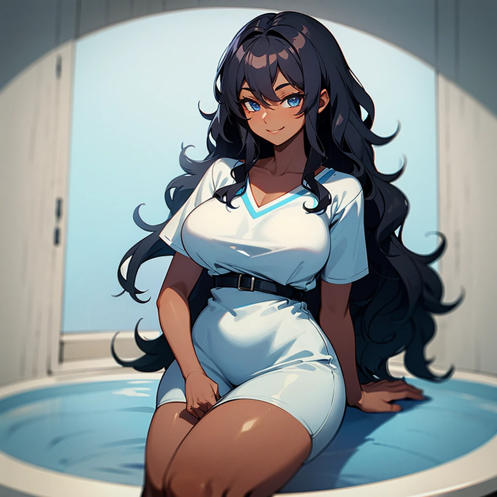 (((Dark Skin Woman))),(((Gray blue eyes))),(((Black wavy hair))),(Curvy body),(((Alone))),(((wearing cottage style clothes))),((pretty smile))