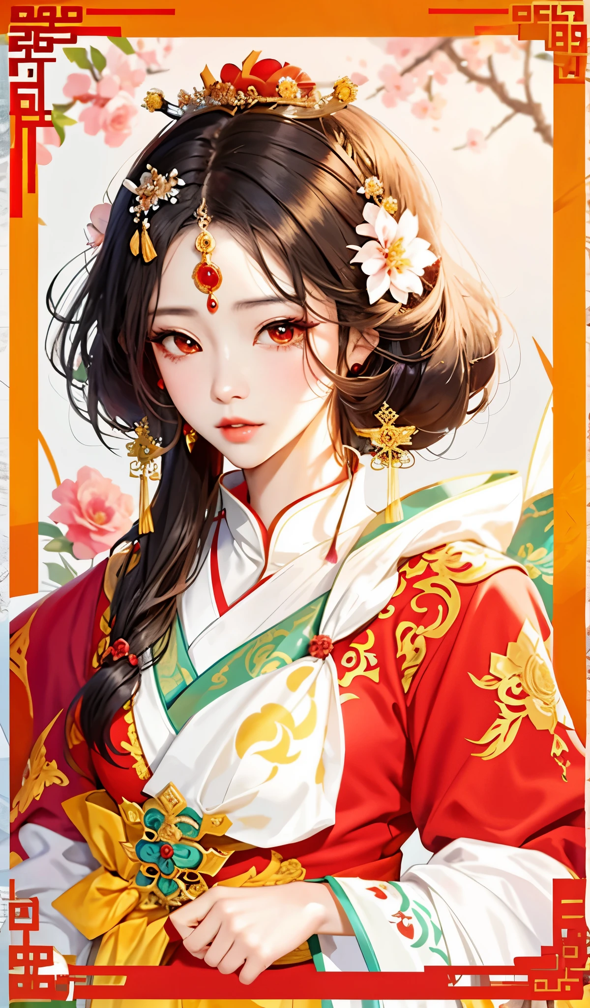 a close up of a woman with a red dress and a flower in her hair, beautiful character painting, ((a beautiful fantasy empress)), a beautiful fantasy empress, inspired by Lan Ying, inspired by Qiu Ying, chinese empress, palace ， a girl in hanfu, ancient chinese princess, inspired by Du Qiong, inspired by Pu Hua, inspired by Zhang Yan