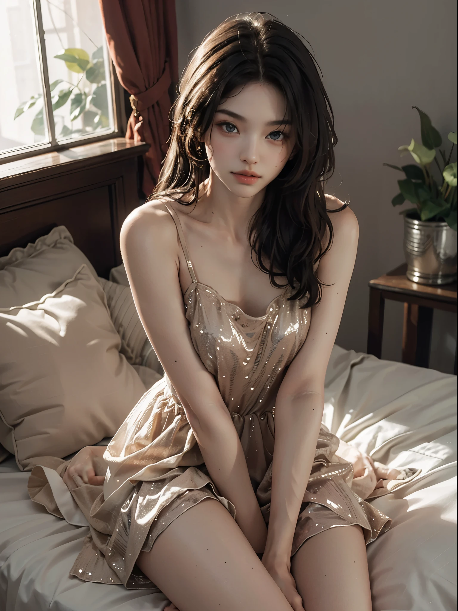 dress, Best quality, masterpiece, super high resolution, (fidelity: 1.4), original photo, 24-year-old sexy model, messy long hair, delicate face, feminine eyes, sitting on the bed with hands between your legs, shown in a positive perspective, surprising detail, very detailed