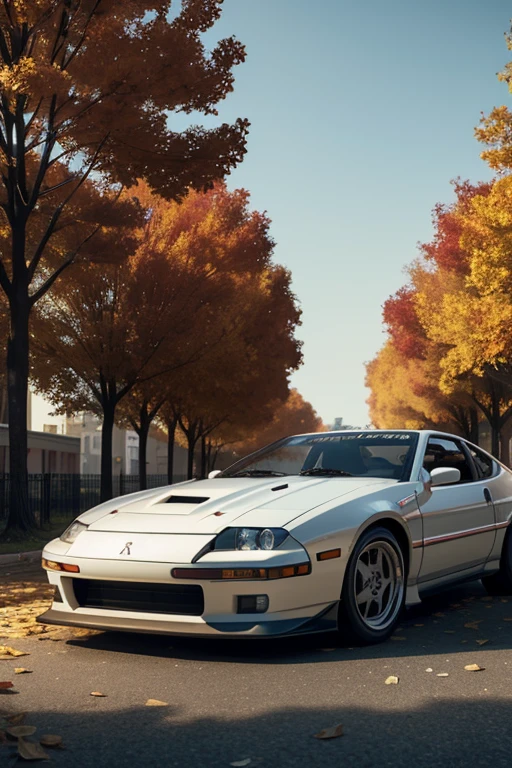 300ZX, white,drift car parked on a street covered with leaves in autumn in a (city:1.3), fall, global illumination, volumetric lighting, best quality, highly detailed, cgi, illustration, octane render,