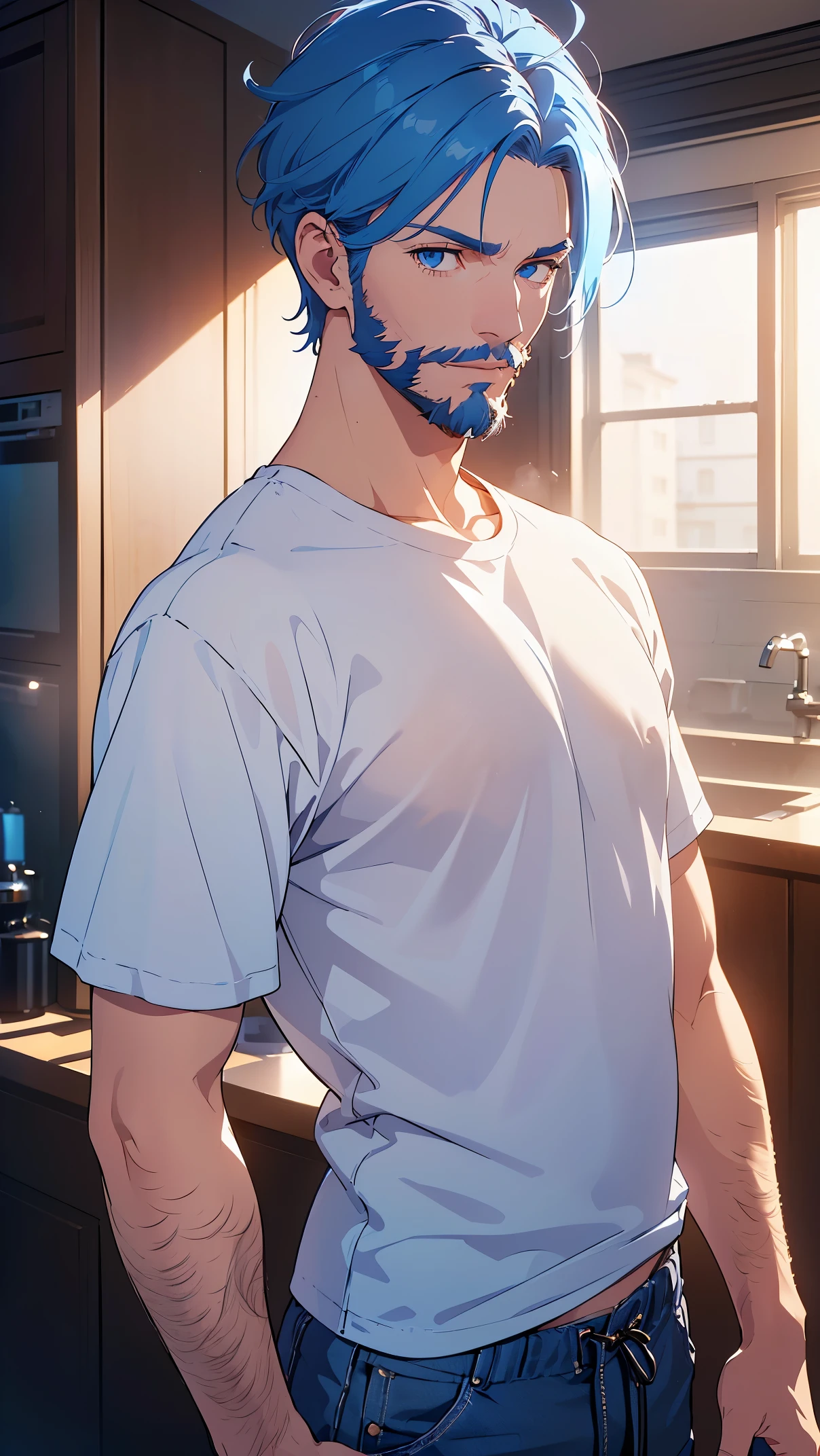 (Man1, Male1), blue hair, blue eyes,Beard, standing,long White t-shirt and light brown pants, duce,(Highly detailed CG,module,8K wallpapers)،(Highest quality, high resolution, beautiful lighting, realistic shadow, high resolution)،(Detailed skin, highly detailed, detailed faces and eyes, realistic eyes)