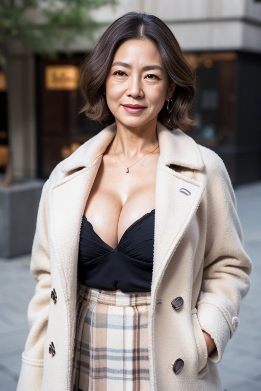 best quality, High resolution, Hires, skin definition, detailed skin, detailed eyes, detailed face, 4K, 日本人mature woman, ((solo)), (((80 years old))), (Wrinkles at the corners of the eyes:1.7), (nasolabial folds:1.5), mature woman, sex appeal, sexy, fair skin, ((wavy long hair)), Looking at viewer,(((my skin is old))), ((muscles are old)), (((Very large breasts:1.28))), ((Saggy udder)), (Saggy buttocks), ((japanese model)), 4K, (photoReality:1.5), Reality, ticker, Beautiful, bimbo, Perfect makeup, eye make up:1.9, small diamond necklace, earrings, {((Brown duffel coat)), ((white undershirt)), (Argyle pattern pleated skirt), (black long boots )}, smile, Public place,full body photo,